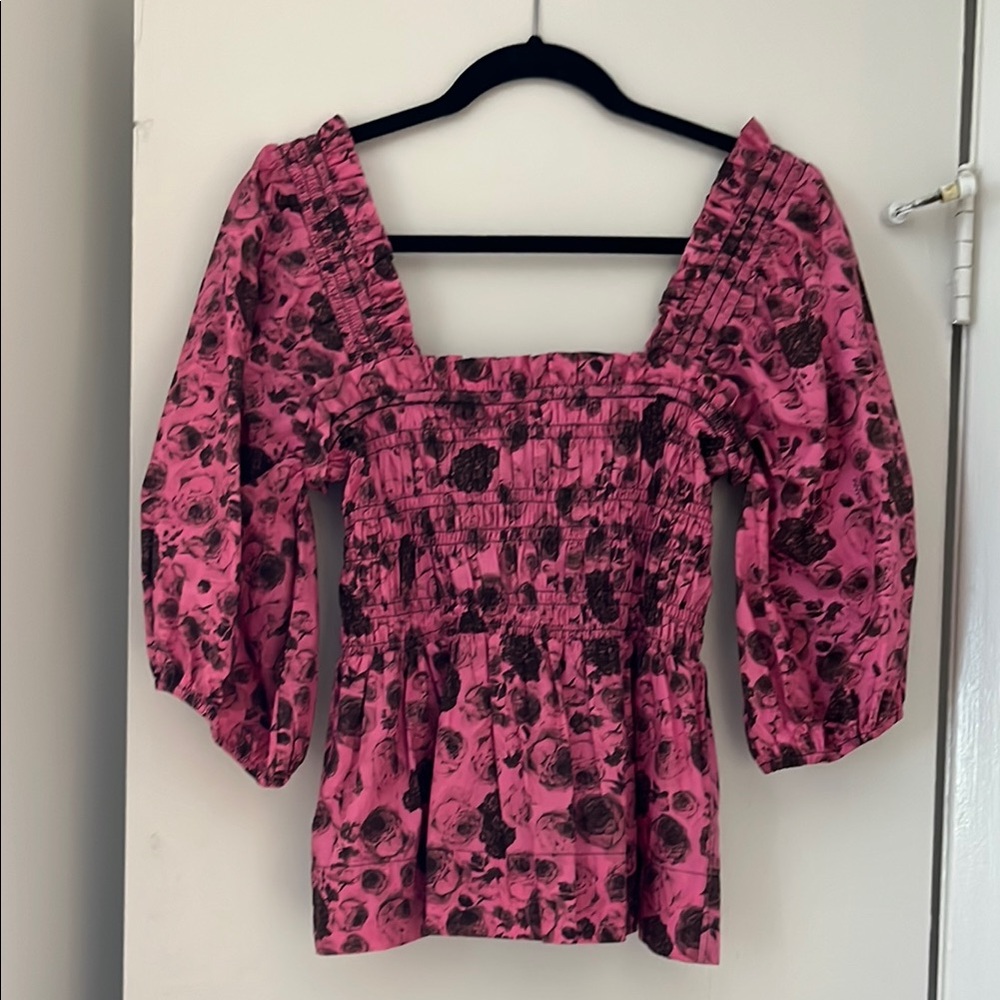 Ganni Pink and Black Puff Sleeve Blouse